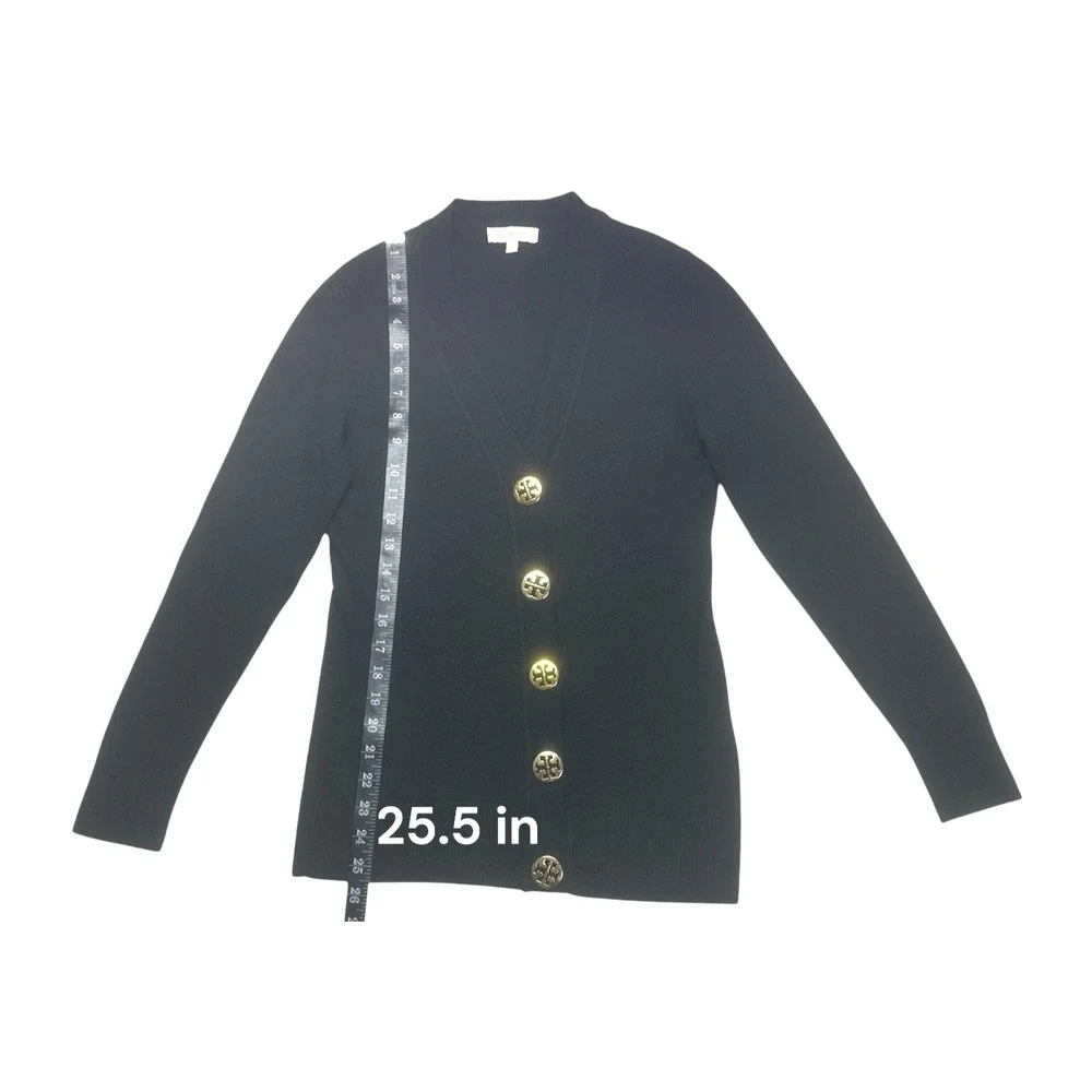 Tory Burch Simone Black Merino Wool Cardigan Sweater Gold Logo Buttons M